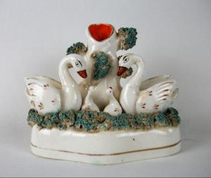 Antique Staffordshire Swans and Cygnets Spill Vase Tulip Holder